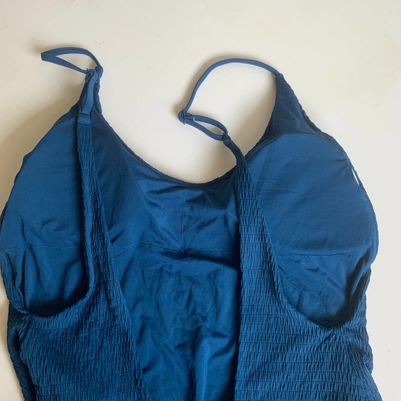 Aerie XL Cheeky Ribbed Smocked Scoop Neck One Piece Swimsuit High Cut Blue Sexy - Picture 10 of 12